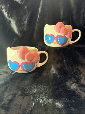 Hello Kitty Ceramic Mug Set with Pink Bows and Blue Heart Glasses